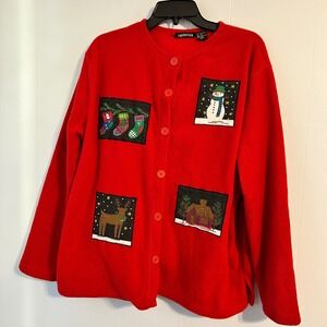 Women's Red Fleece 2xl Christmas/jacket Cardigan Snowman Reindeer Stocking House
